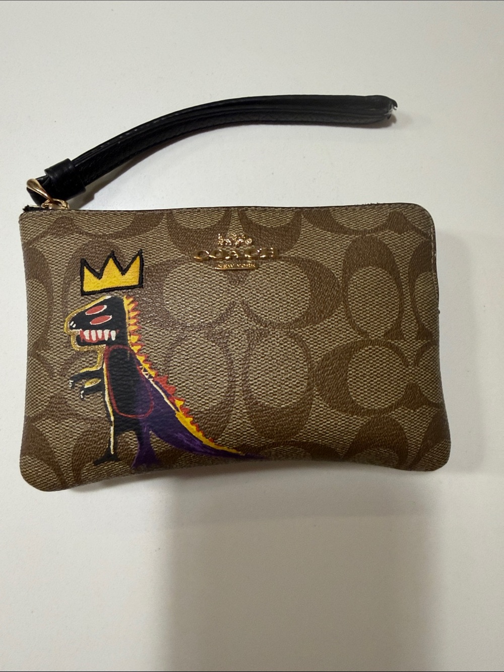 Coach Brown Signature Canvas Wristlet with Basquiat Addition